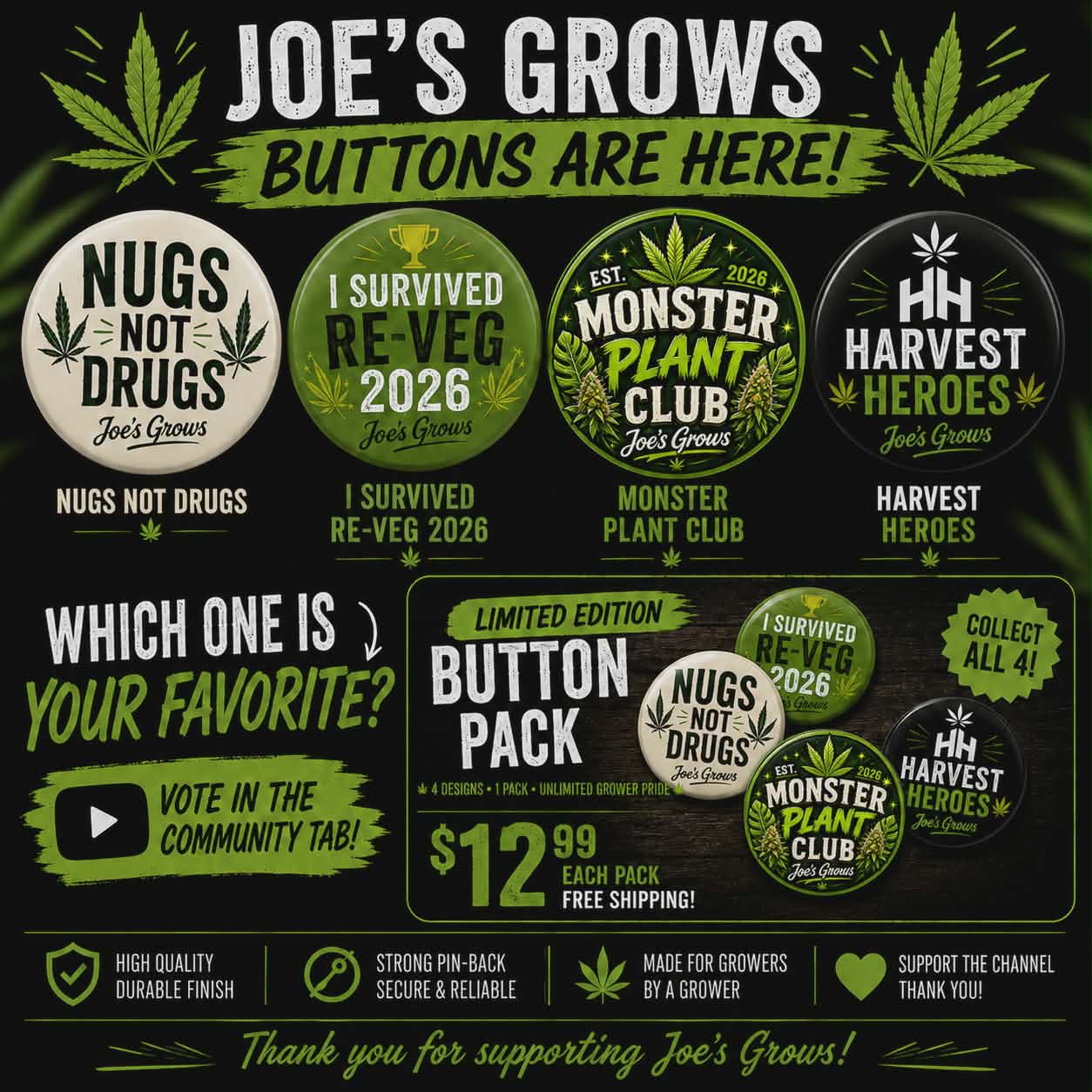 Joe's Grows Limited Edition Button Pack